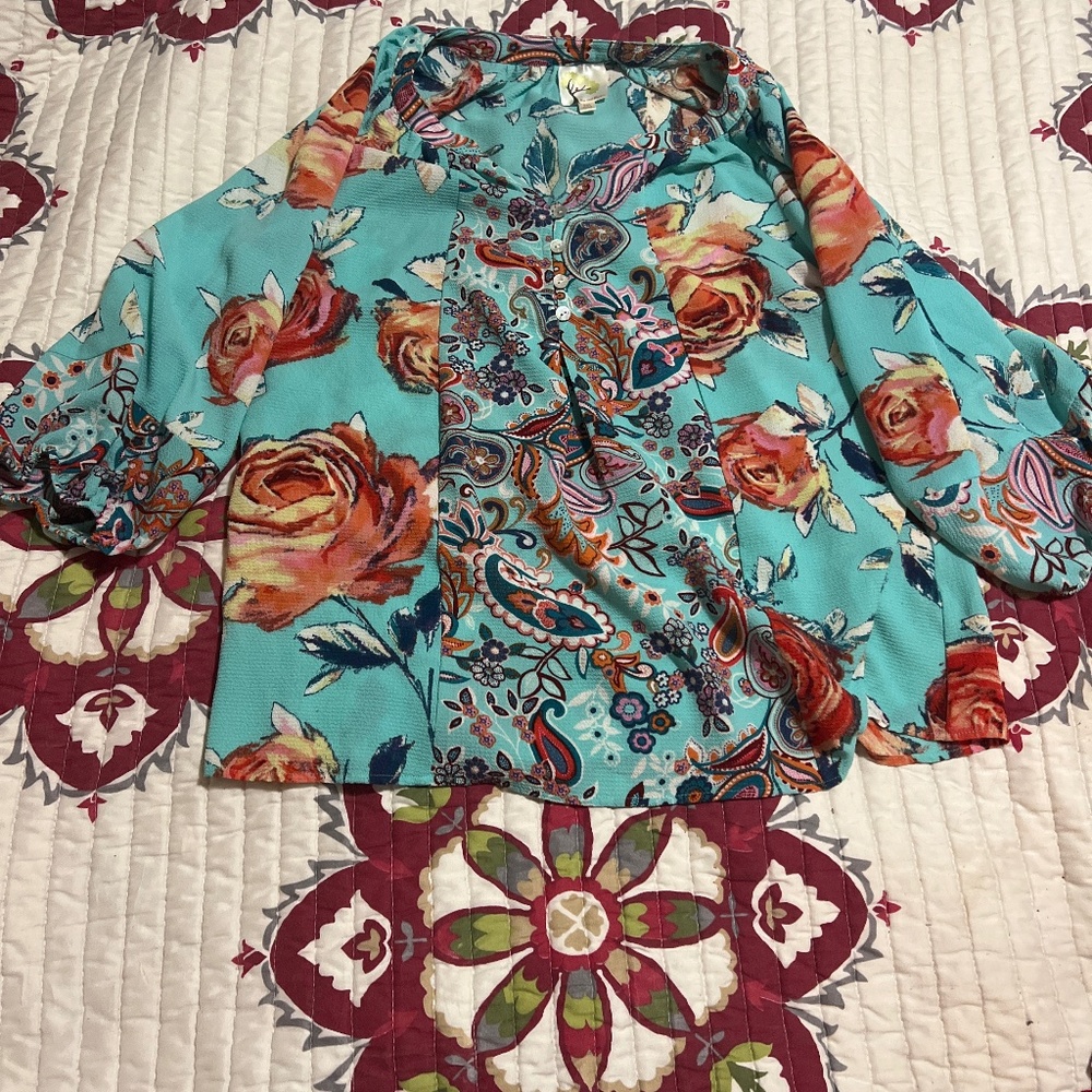 Fig and Flower Ladies Blouse Top Aqua Size Medium